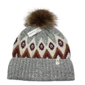 Simply Noel Womens Pom Beanie With Nordic Pattern & Faux Fur Pom Gray & Multicol